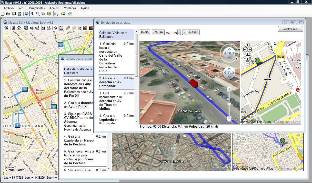  Simulación integrada mediante Google Earth y Google Maps de las rutas calculadas.  	 Simulación integrada mediante Google Earth y Google Maps de las rutas calculadas.