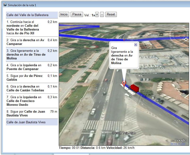  Simulación integrada mediante Google Earth y Google Maps de las rutas calculadas.  	 Simulación integrada mediante Google Earth y Google Maps de las rutas calculadas.