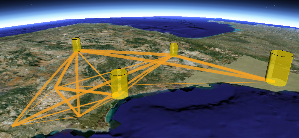 Representación de objetos 3D con tamaños proporcionales a la importancia de los nodos en una cadena de suministro (Supply Chain 3D Analysis). 