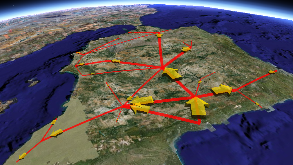 Representación de objetos 3D con tamaños proporcionales a la importancia de los nodos en una cadena de suministro (Supply Chain 3D Analysis). 