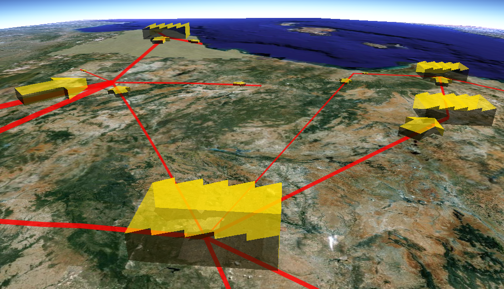 Representación de objetos 3D con tamaños proporcionales a la importancia de los nodos en una cadena de suministro (Supply Chain 3D Analysis). 