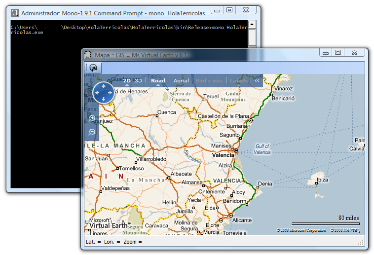 Virtual Earth con c&oacute;digo C# compilado con Mono en Windows Vista