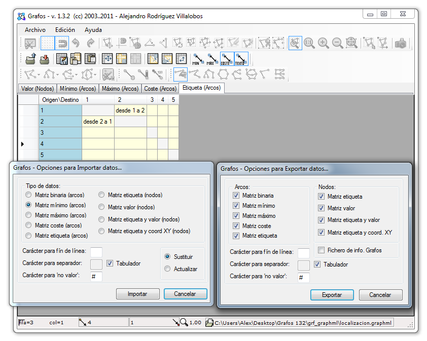 importación/exportación de etiquetas de los arcos